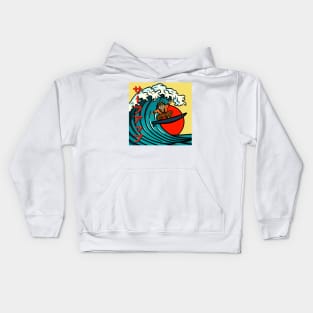 The Surfing Samuri, Inspired by Japanese Wave Art Yellow Background Kids Hoodie